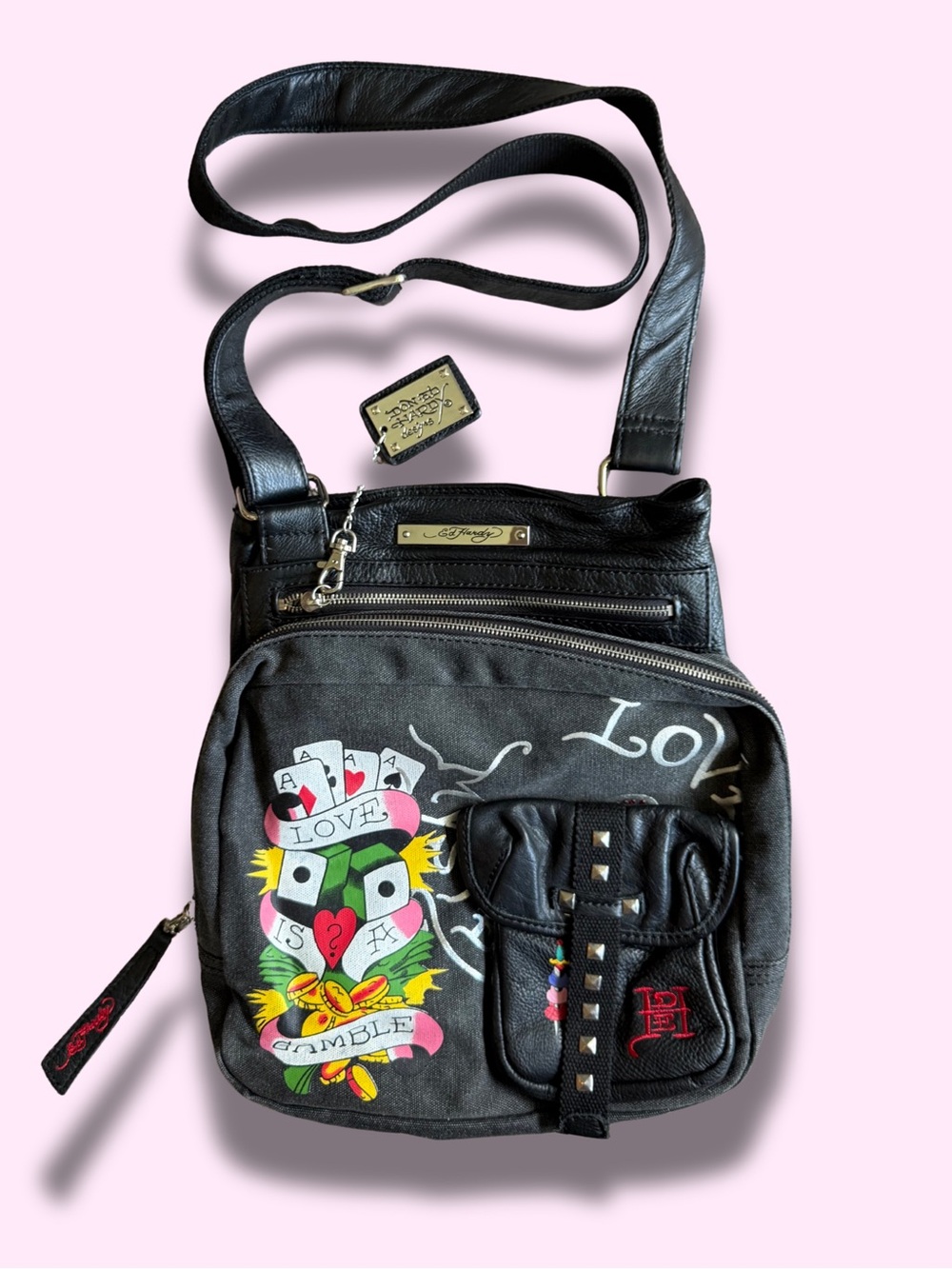 Ed Hardy Love Is A Gamble Black Denim Leather Saddle Crossbody Bag Y2K
